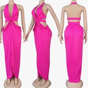Halter Deep V Summer Dress Hollow Out High Split Beach Maxi Dress Rose red S